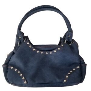 Blush Blue Denim Style Faux Leather Shoulder Bag Rhinestone Details Y2K